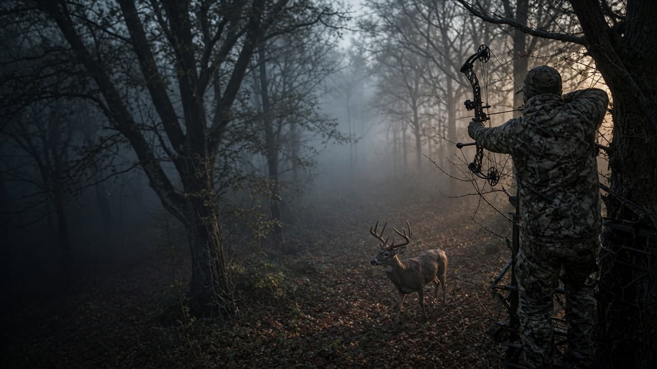Hunter in a treestand at full draw on a whitetail buck at dawn