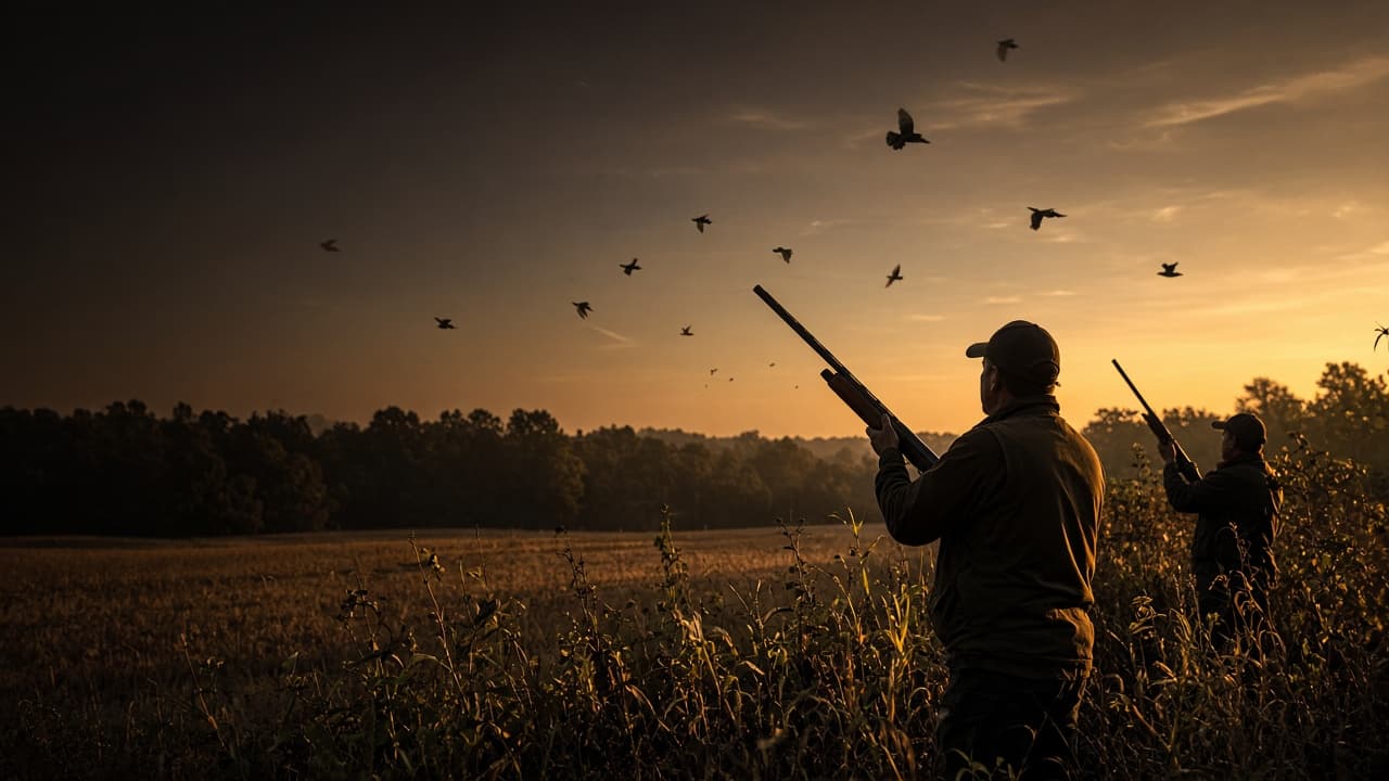 Mourning dove hunt at last light over a cut field