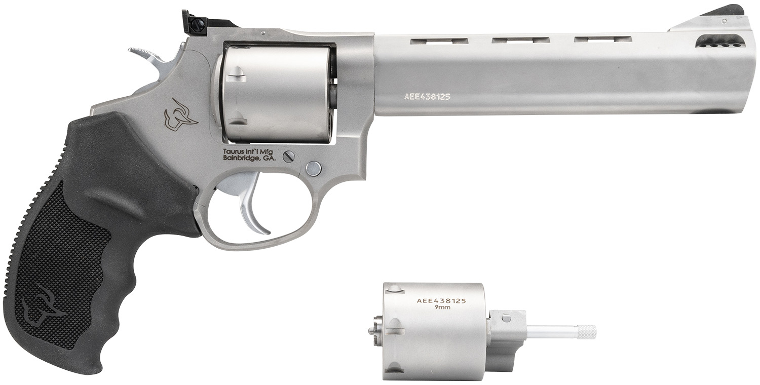 Taurus 2-692069 692 Medium 38 Special +P/357 Mag/ 9mm Luger 7 Shot 6.50" Matte Stainless Vent Rib Barrel, Cylinder & Frame, Black Ribber Grip, Transfer Bar Safety, Exposed Hammer, 2 Cylinders