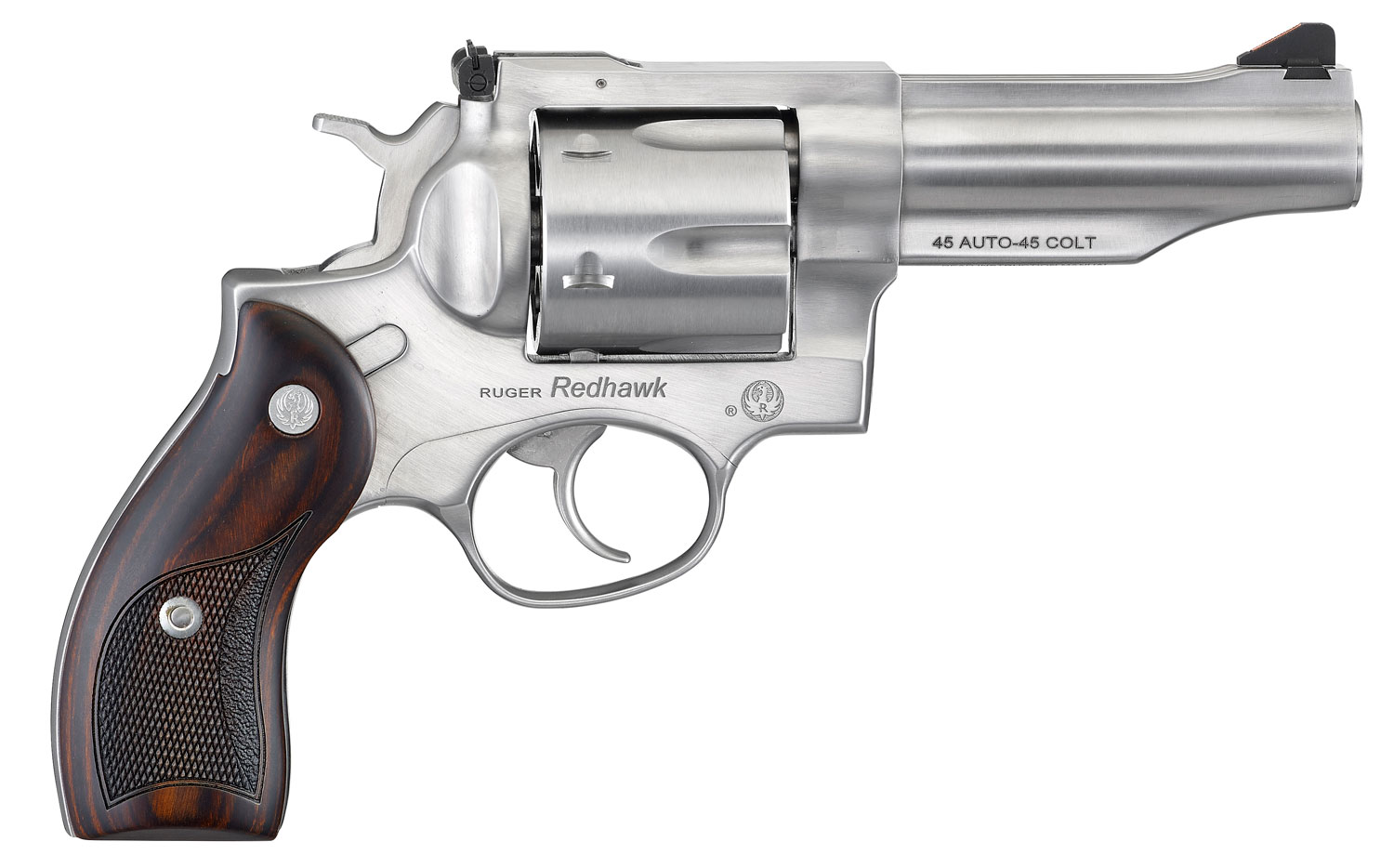 Ruger 5050 Redhawk 45 ACP/45 Long Colt 6rd, 4.20" Satin Stainless Steel Barrel, Cylinder & Frame, Lasered Hardwood Grip, Exposed Hammer