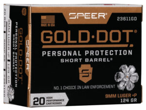 Speer 23611GD Gold Dot Personal Protection Short Barrel 9mmLuger+P 124gr Hollow Point 20 Per Box/10 Case