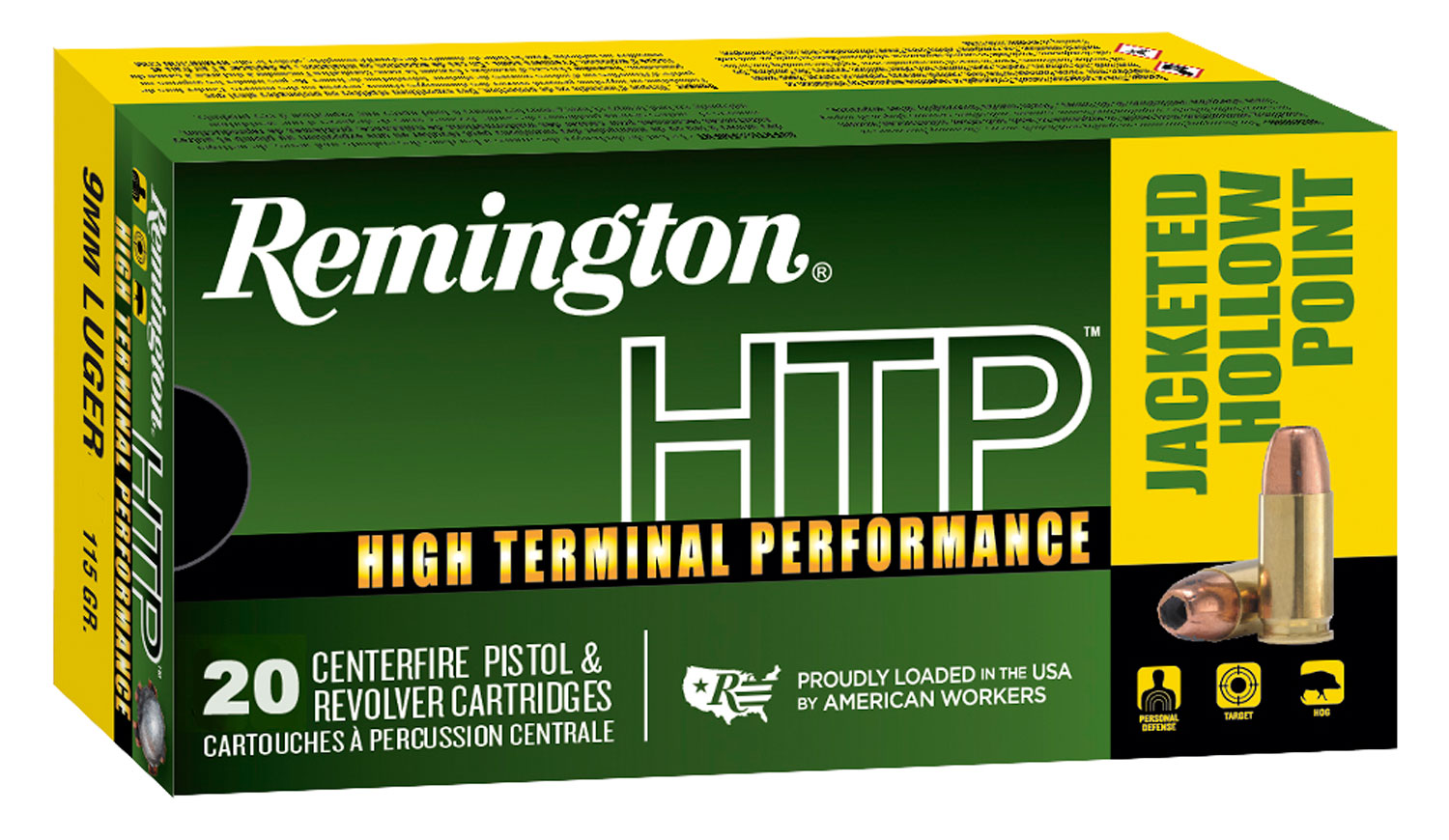 Remington Ammunition 28288 HTP 9mmLuger 115gr Jacketed Hollow Point 20 Per Box/25 Case