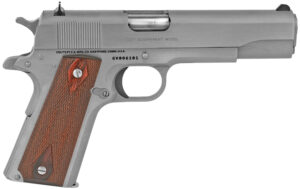 Colt Mfg O1911CSS38 1911 Government 38 Super 9+1 5" Stainless National Match Barrel, Serrated Stainless Steel Slide & Frame w/Beavertail, Diamond Checkered Rosewood