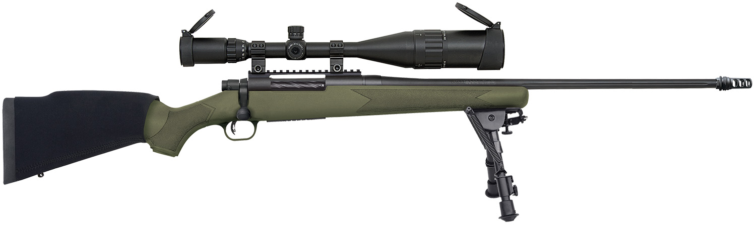 Mossberg 28122 Patriot Night Train 300 Win Mag Caliber with 3+1 Capacity, 24" Barrel, Matte Blued Metal Finish, OD Green Stock Right Hand Includes 6-24x50mm Scope & Bipod