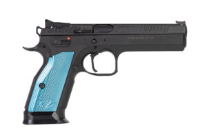 CZ-USA 91220 TS 2 9mm Luger 20+1 5.28" Blued Steel Barrel, Black Serrated Steel Slide, Black Polycoat Steel Frame w/Beavertail, Blue Checkered Aluminum Grip, Ambidextrous