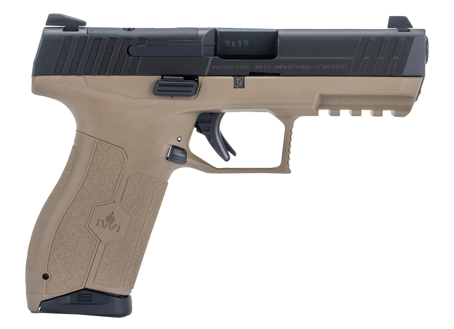 IWI US M9ORP10FD MASADA 9mm Luger 10+1 4.10" Black Button Rifled Steel Barrel/Black Optic Ready/Serrated Slide/Flat Dark Earth Polymer Frame w/Picatinny Rail/FDE Polymer Grips Ambidextrous