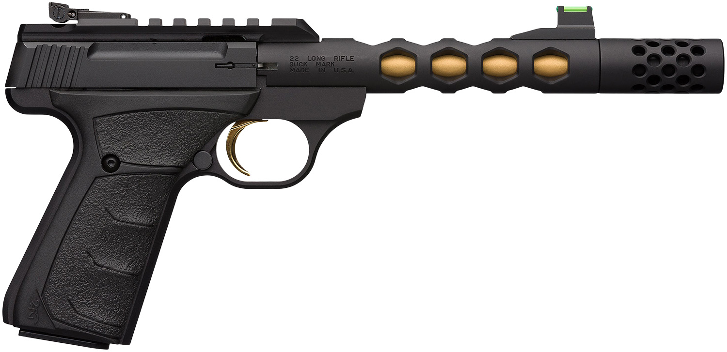 Browning 051573490 Buck Mark Plus Vision SR 22 LR 10+1 5.87" Black Anodized/Gold Cerakote/SR/Threaded Barrel, Matte Black Serrated Steel/Optic Ready Slide & Aluminum Frame Black Ultragrip FX Grip