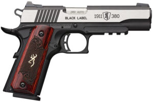 Browning 051971492 1911 Black Label Medallion Pro 380 ACP 8+1 4.25" Target Crown Barrel, Blackened w/Silver Polished Flats Serrated SS Slide, Matte Black Polymer Frame w/Beavertail & Picatinny Rail