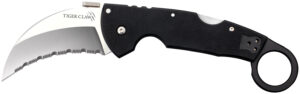 Cold Steel CS22KFS Tiger Claw 3.50" Folding Hawkbill Serrated Stonewashed American S35VN Blade/6" Matte Black w/Ring G10 Handle Includes Belt Clip