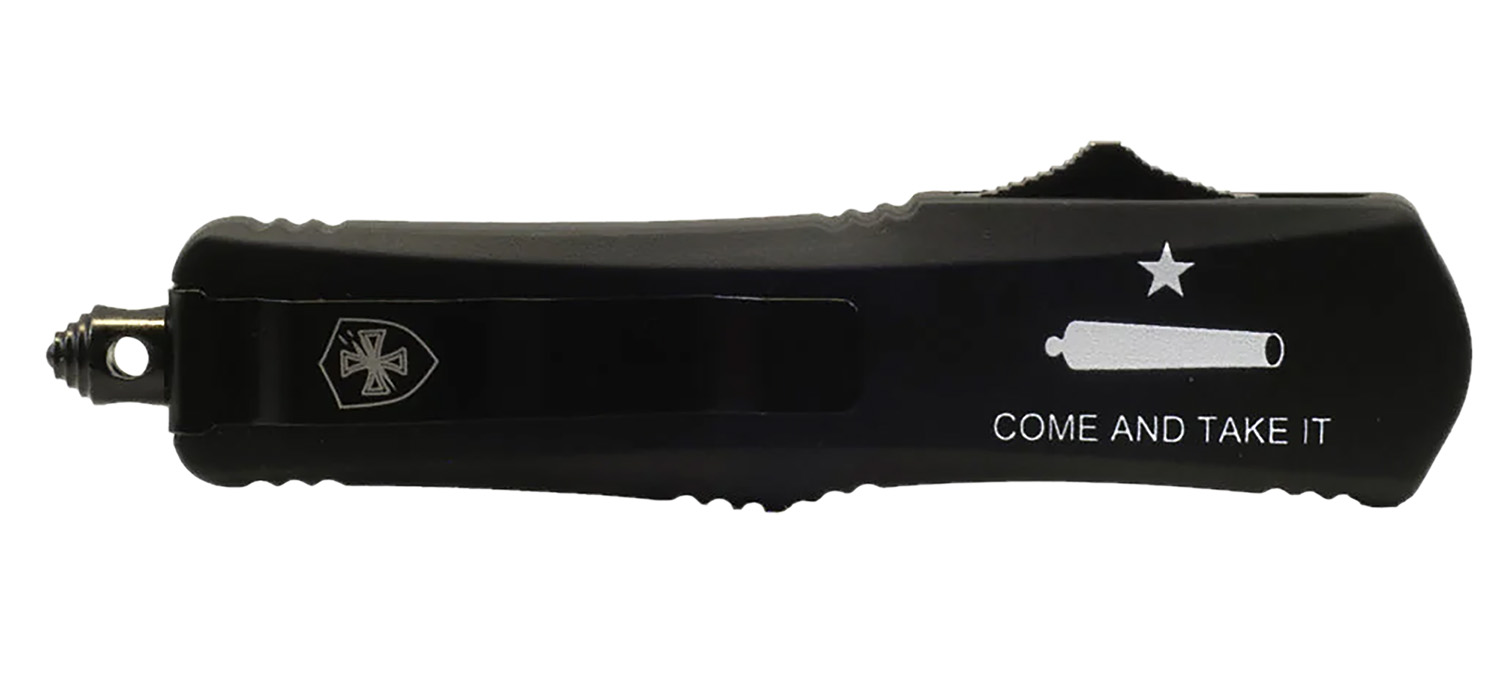 Templar Knife LCATII531 Gen II Come And Take It Small 2.69" OTF Tanto Part Serrated Black Oxide 440C SS Blade, 4.31" Black "Come And Take It" w/Cannon Aluminum Handle, Glass Breaker