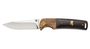 Browning 3220231 Buckmark Hunter EDC 3" Folding Drop Point, Plain Mirror Polished 8Cr14MoV SS Blade, Black/Natural Finger Grooved w/Brass Accents Hardwood Handle, Includes Pocket Clip