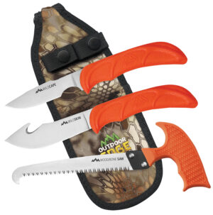 Outdoor Edge WG10C WildGuide Fixed Caper/Saw/Skinner w/Gut Hook Satin 420J2 SS Blades, Blaze Orange Textured TPR Handle