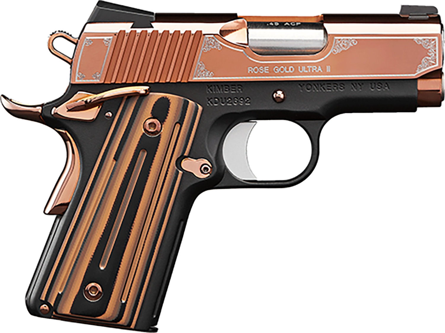 Kimber Mfg, Inc 3200372 Ultra II 9mm Luger 8+1 3" Stainless Match Grade Barrel, Engraved Rose Gold PVD Serrated Stainless Steel Slide, Kimpro II Black Aluminum Frame w/Beavertail, G10 Grip