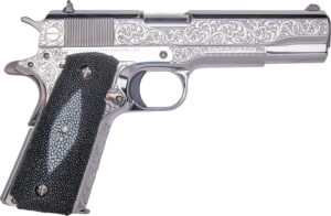 Cnc Firearms CNCTUX38 Colt 1911 Tuxedo 38 Super 9+1 5" Stainless Steel Barrel, High Polished w/Black DLC Engraving Stainless Steel Serrated Slide & Frame, Stingray Grip