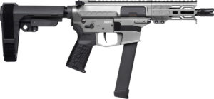 CMMG 99A290FTNG Banshee FE MkGs 9mm Luger 33+1 5" Black Nitride Threaded Barrel, M-LOK Handguard, Tungsten Cerakote Aluminum Receiver w/Picatinny Rail, Black Polymer CMMG RipBrace, CMMG Zeroed Grip