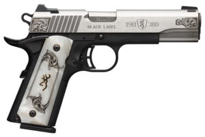 Browning 051966492 1911 Black Label Medallion Full Size Frame 380 ACP 8+1 4.25" Matte Stainless Steel Barrel & Serrated Slide, Matte Black Polymer Frame w/Beavertail, White Imitation Pearl Grip