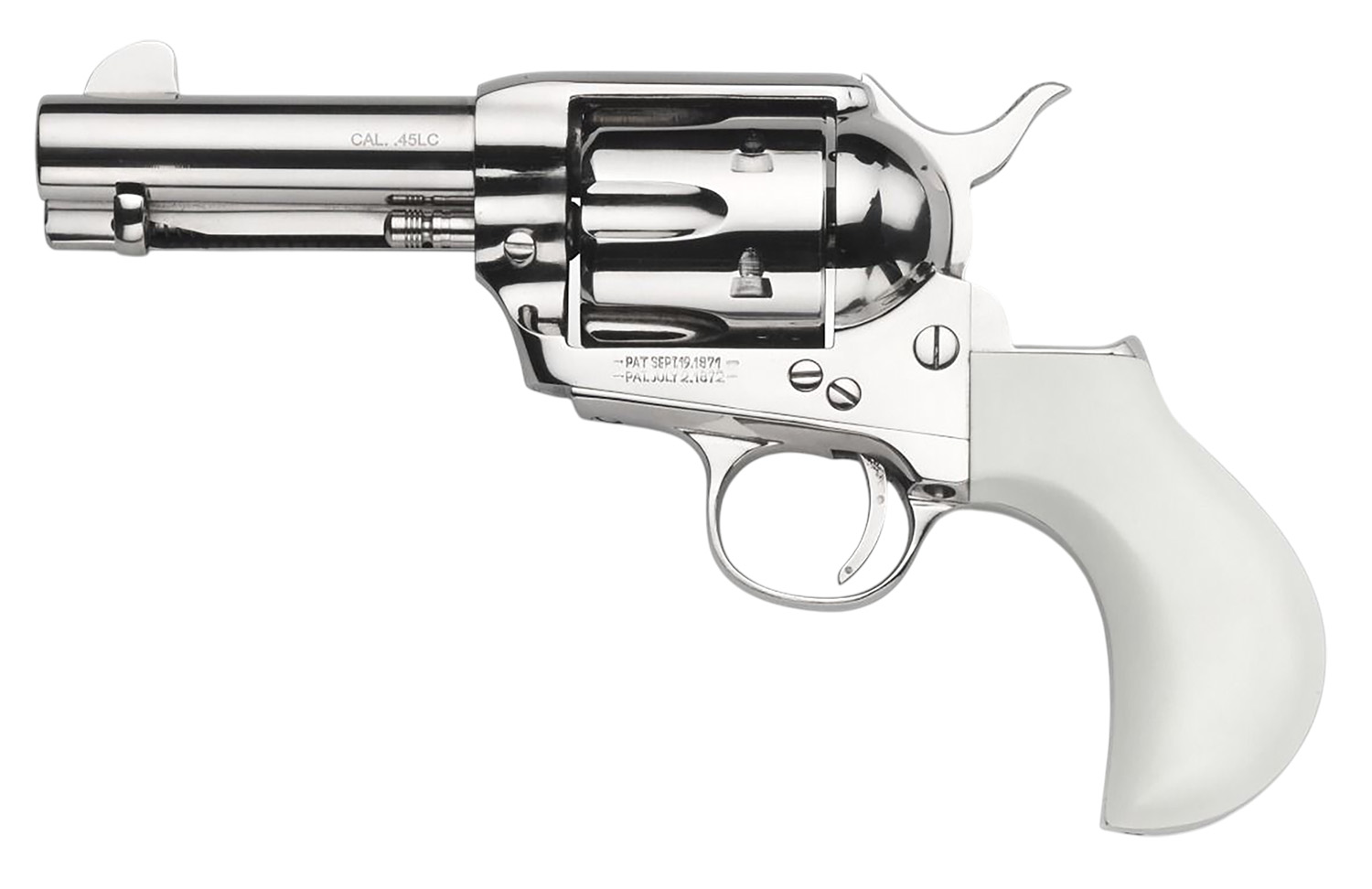 Taylors & Company 200111 1873 Flat Top Pietta 9mm Luger 6 Shot 3.50" Nickel Round Barrel, Cylinder & Steel Frame, PVC White Flat Birdshead Grip, Exposed Hammer