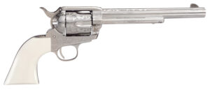 Taylors & Company  1873 Outlaw Legacy Pietta 45 Colt (Long Colt) 6 Shot 7.50" Nickel Engraved Round Barrel, Cylinder & Steel Frame, White PVC Navy Grip, Manual Safety, Exposed Hammer