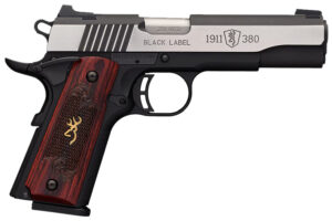 Browning 051914492 1911 Black Label Medallion Pro 380 ACP 8+1 4.25" Target Crown Barrel, Blackened w/Silver Polished Flats Serrated SS Slide, Matte Black Polymer Frame w/Beavertail