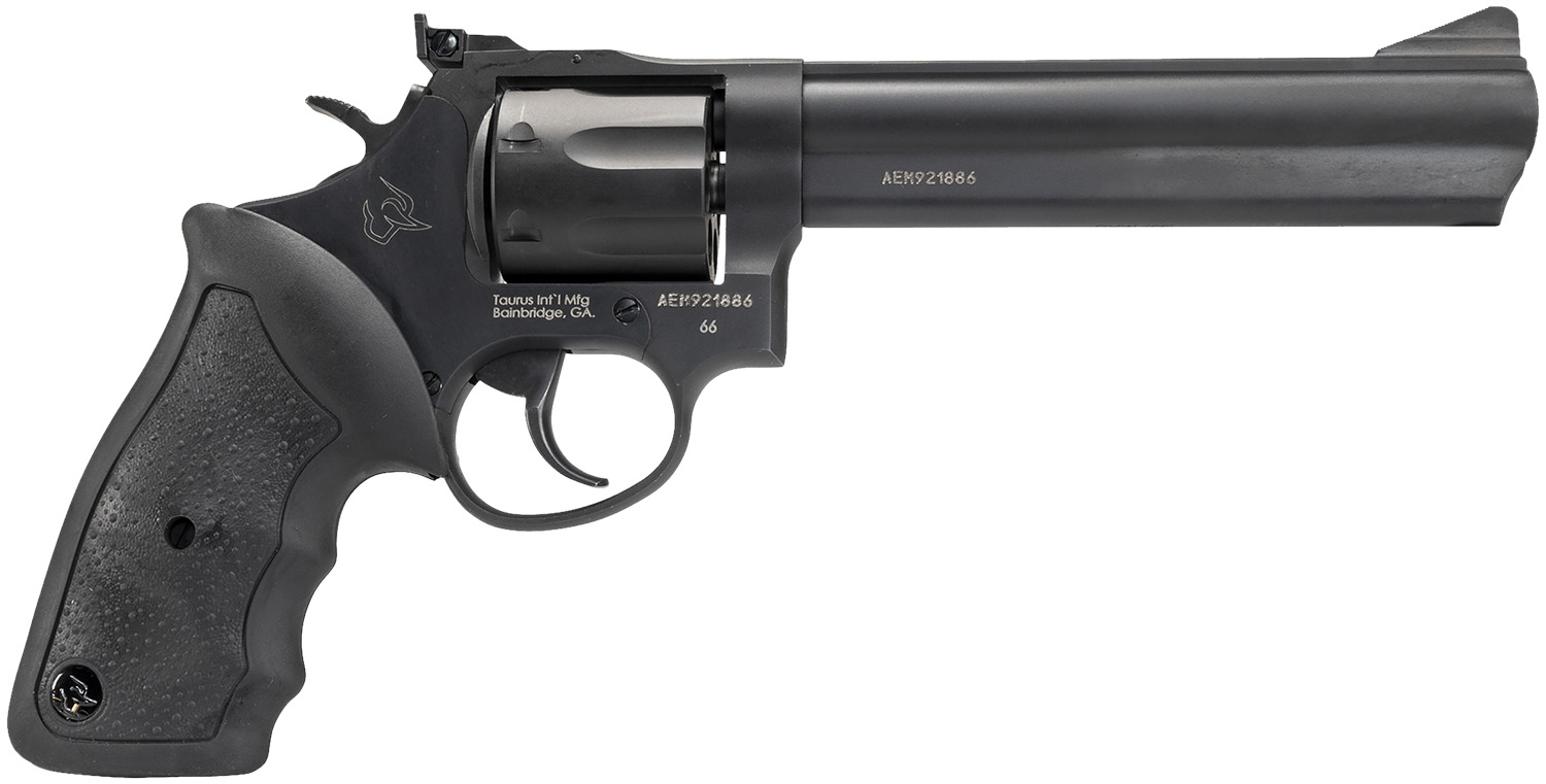 Taurus 2-660061 66 Medium 357 Mag/38 Special +P 7 Shot 6" Matte Black Oxide Alloy Steel Barrel, Cylinder & Frame, Black Finger Grooved Rubber Grip, Transfer Bar Safety, Exposed Hammer