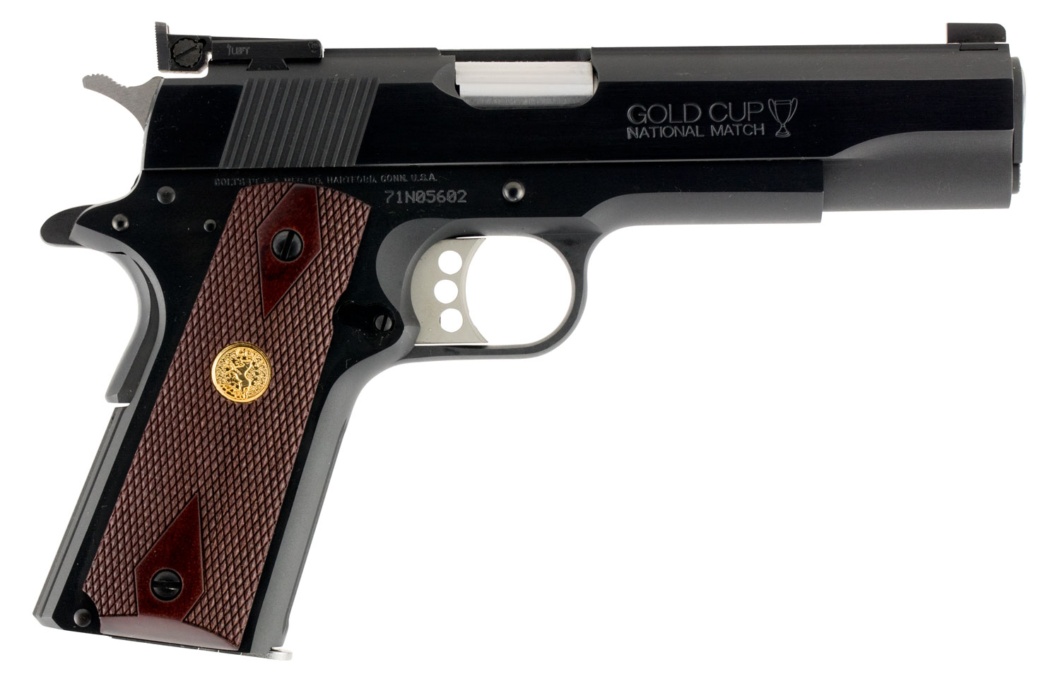 Colt Mfg O5872A1 Gold Cup National Match 9mm Luger 9+1, 5" Stainless National Match Barrel, Blued Serrated Carbon Steel Slide & Frame w/Beavertail, Walnut Grip, Ambidextrous