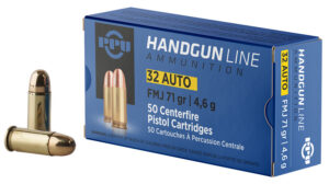 PPU PPH32AF Handgun 32ACP 71gr Full Metal Jacket 50 Per Box/20 Case