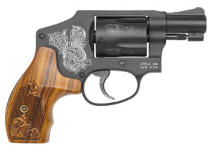 Smith & Wesson 150785 Model 442  38 S&W Spl +P 5 Shot 1.88" Engraved Black Carbon Steel Barrel/Cylinder, Engraved Black Aluminum J-Frame, Engraved Wood Grip, Mahogany Presentation Case